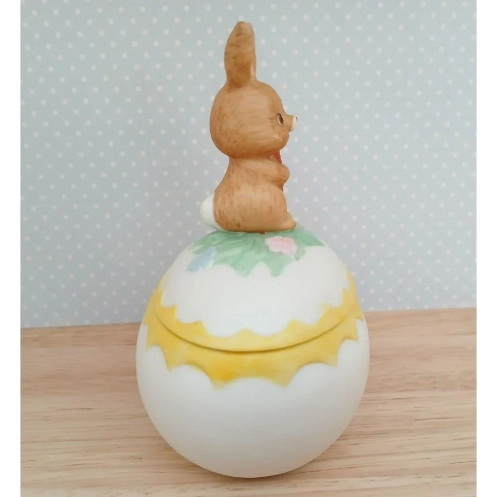 Lefton Vintage Ceramic Easter Bunny & Egg Trinket Jewelry Holder Dish